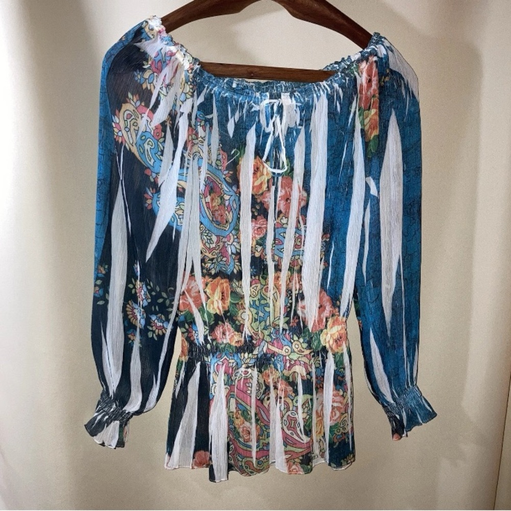 bohemian style sheer long puff sleeve smocked peasant blouse Sz M
